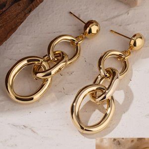 NEW 18K Gold Plated Triple Oval Round Dangle Drop Earrings